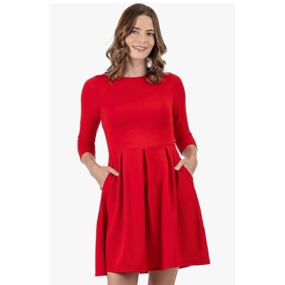 24seven Small Comfort Apparel Fit And Flare Red Dress Round Neck 3/4 Sleeve NWT